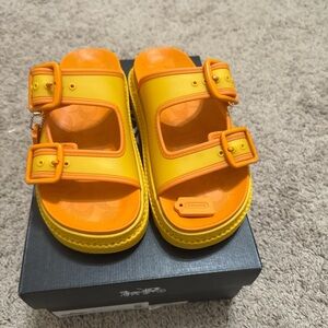 Coach Yellow and Orange Double-Buckle Slide Sandals